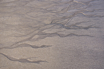 Natural texture of sand. Abstract beautiful drawings on the sand. Paintings in the sand
