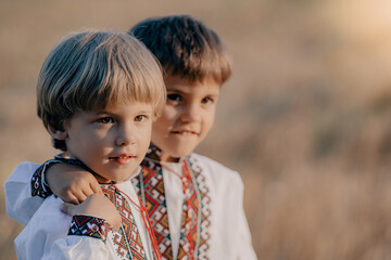 Little ukrainian boys. Children in traditional embroidery vyshyvanka shirts.