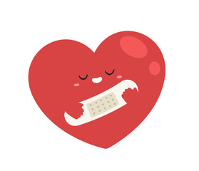Cute big heart embracing plaster band and smiling isolated on white background. Concept of healing, self-love, encouragement, self-care, mental health. flat vector illustration cartoon.