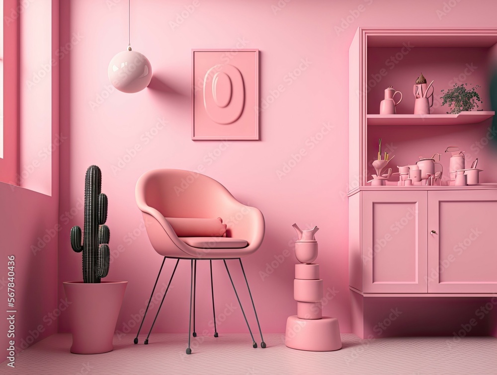 Wall mural A pink studio with a creative interior design and a chair. minimal use of color. Generative AI