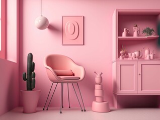 A pink studio with a creative interior design and a chair. minimal use of color. Generative AI