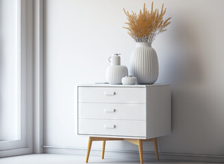 Scandinavian interior with minimal decor. a vase and a chest of drawers against a white wall. copy space in a contemporary mockup. Generative AI