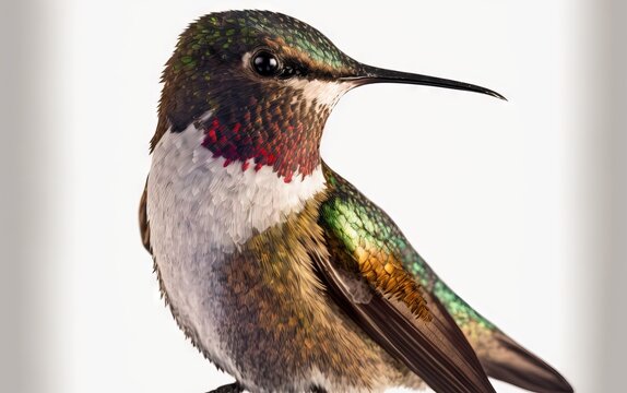 Male juvenile ruby throated hummingbird isolated on white. Generative AI