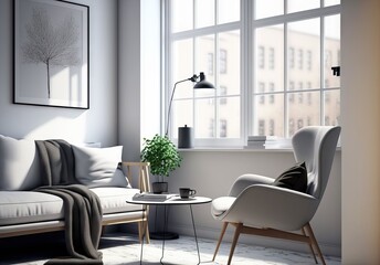 Naklejka na ściany i meble modern interior design for a living room. Apartment with simple decor and furniture. a cozy chair next to a window with armchair dcor. modern interior with a table. Generative AI