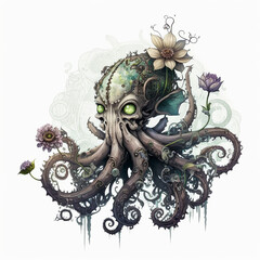 Steampunk octopus surrounded by floral. Created using ai generative. 
