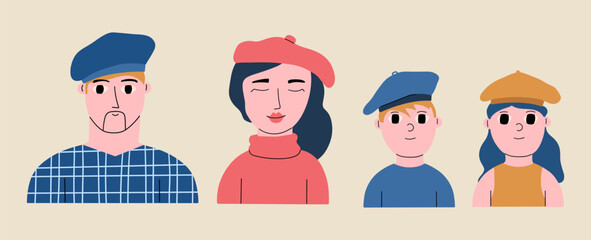 A set of portraits of different ages of people in French berets. Young family. Collection of cute characters. Hand drawn trendy vector illustration