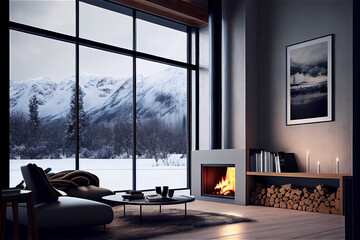 Minimal Contemporary interior with a modern fireplace by a window showing a snowy landscape, generative AI
