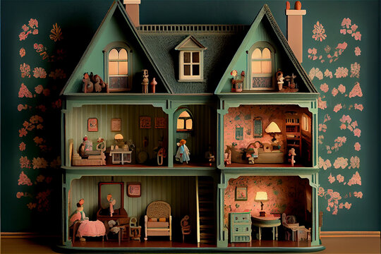 Traditional vintage doll house, ideal for kids backgrounds, generative AI