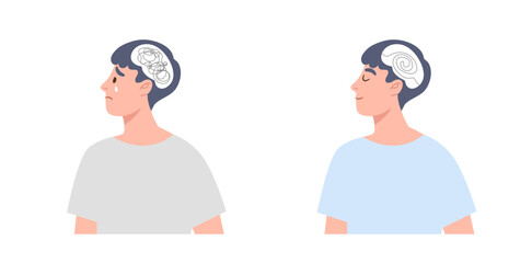 Set of man with confused and arranged thought in his head. Concept of mental health, emotional management, cognitive therapy, psychology, thinking, tangled and peaceful mind. Flat vector character.