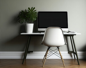 Laptop with blank screen sitting on traditional chair. inside decorating of a home. space mockup template to copy. Generative AI