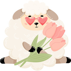 Sheep in love with bouquet of tulips