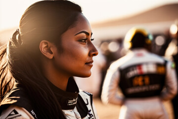 Desert rally car driver, woman waiting for car to be repaired. Generative AI.