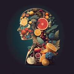 
nutritionist, human body formed by fruits and vegetables, body health, healthy head food, vegan, vegetarian, generative by AI