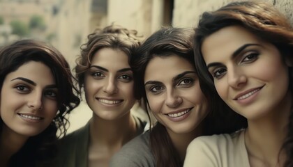 Obraz premium group of beautiful attractive middle eastern young women looking at the camera. Generative AI 