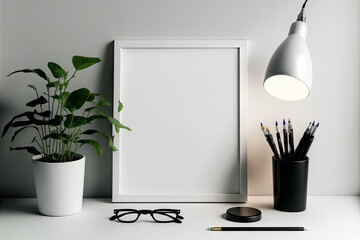 Mockup of a white square frame with a light and office supplies on a white table. Generative AI