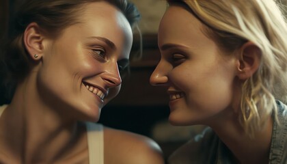 Smiling lesbian women flirting . Generative AI	
