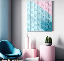 On a plain wall, a geometric arrangement in shades of blue and pink is displayed. modern interior decor. Vertical. Generative AI