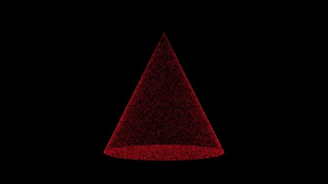 3D red cone rotates on black background. Object consisting of flickering particles 60 FPS. Science tutorial concept. Abstract backdrop for logo, title, presentation. 3D animation.