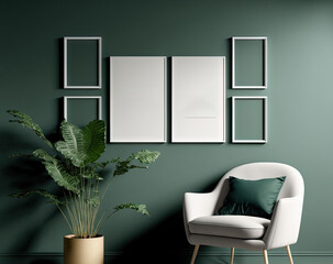 Mockup of a wall with six frames in a solid flat pastel shade of dark green, a monochromatic interior featuring a single chair and plants, exhibit wall. Generative AI