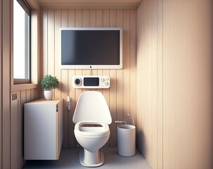Interior of an office with a wooden toilet and an empty television. Concept for a presentation. a mockup. Generative AI
