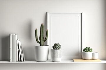 White shelf in a home with a mockup of a white frame and a cactus in a pot with a dot pattern. Scandinavian design an area where you can put text or graphics. Real life panoramic image. very few compo