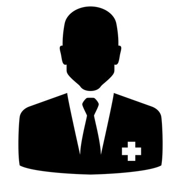 Logo asistencia sanitaria en hospital médico o clínica. Icono avatar doctor. Silueta aislada de hombre con traje, corbata y cruz