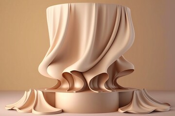 Obraz premium display with podium, beige background with pedestal and flying silk cloth curtain. Nature wind. Beauty, cosmetic product presentation stand. 
