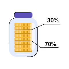 Investments, financial success and balance, money growth and turnover, guarantee of security financial savings. Business diversification. Glass jar with charts and gold coins. Vector illustration.