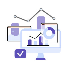 Data analytics, charts, dashboard and business finance report statistical and  investment concept. Website SEO screen PC. Flat vector illustration isolated. Benchmarking comparing performance metrics