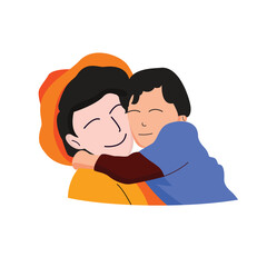A hat wearing mother hugging and cuddling her son
