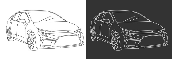 Black outline vector illustration of a modern sports car isolated on black and white background