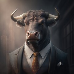 portrait of a bull in a formal business suite, at office