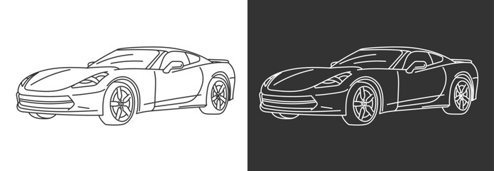 Line art illustration of modern sports car isolated on black and white color