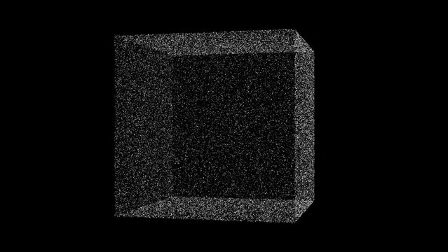 3D white cube object rotates on black backdrop. Object consisting of flickering particles 60 FPS. Science tutorial concept. Abstract backdrop for logo, title, presentation. 3D animation