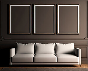 Three 3 square frames for a triptych painting. Dark background and brown beige sofa in gallery or home exhibition. Accent art canvas mockup blanks or posters. Generative AI