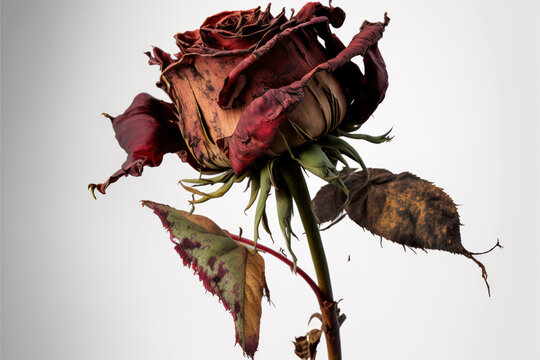 Sad red rose dried and aged with time in close-up and detail for romantic background.