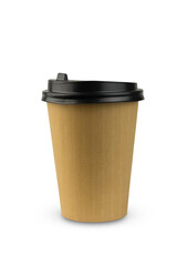 Disposable tableware, a glass with a plastic black lid, on a white background. Recyclable, eco tableware. High quality photo