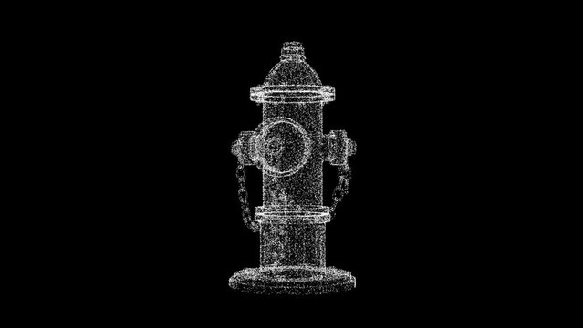 3D white hydrant object rotates on its axis black backdrop. Object consisting of flickering particles 60 FPS. Science tutorial concept. Abstract backdrop for logo, title, presentation. 3D animation