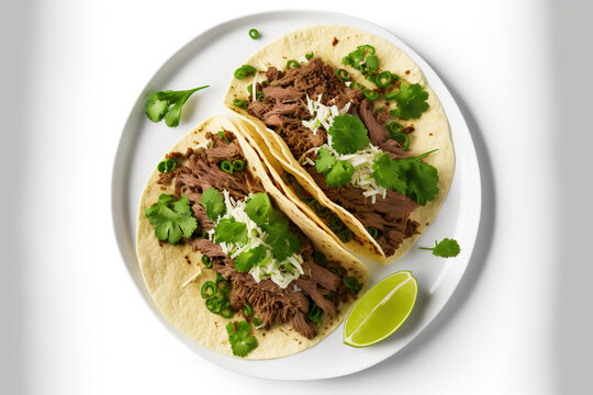 Traditional Mexican barbacoa (slow cooked lamb tacos) against a white background. Generative AI