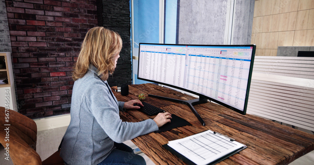 Poster data analyst woman using spreadsheet