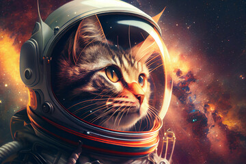 Cat in space suit and helmet in cosmic galaxy, fantasy universe. Generative AI