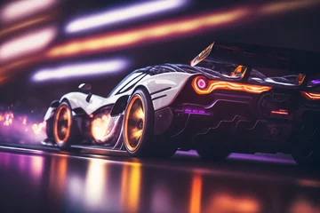 Wall murals Cars Fast sports car racing on a road with neon lights