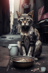 Fototapeta na wymiar Stray sad and hungry cat on city street, abandoned homeless pet, generative AI