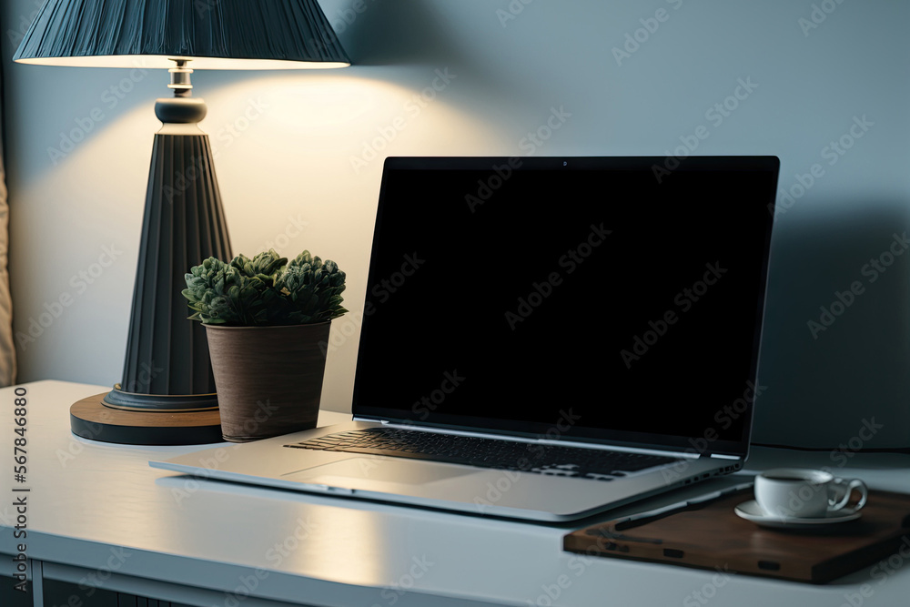Poster at home, a laptop screen on a desk. Workspace with a camera and an empty computer screen. Generative AI