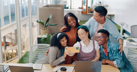 Fototapeta premium Creative business people, phone and smile for selfie, team get together or about us showing peace sign at the office. Group of happy employee workers smiling for group photo on smartphone for startup