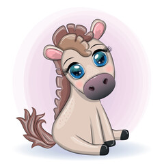 Cute cartoon horse, pony for card with flowers, balloons, heart