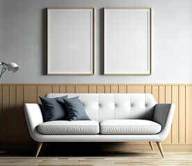 Two empty white posters in frames are mounted on the wall above a straightforward sofa. Interior mockup, with an illustration. Generative AI
