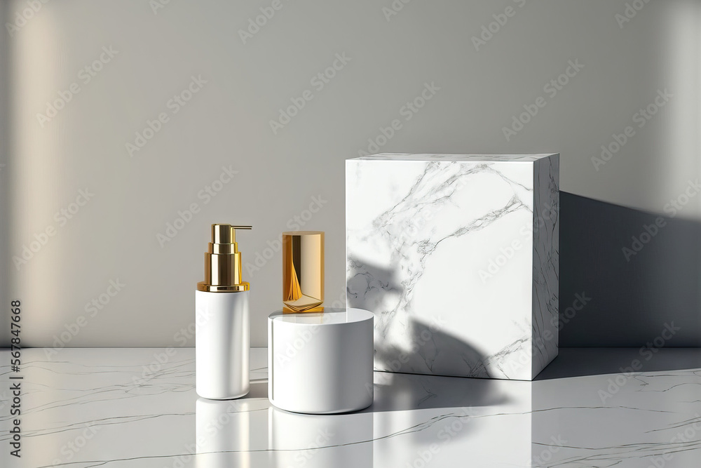 Poster minimal cosmetic backdrop for the display of the product in front of the sunshade's shadow on the wh