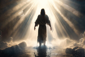 jesus walking on water, walk on water, Jesus Christ walking on the sea of Galilee with beams of light, generative ai - obrazy, fototapety, plakaty