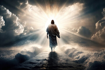 Walk on Water, Jesus Christ walking on the sea of Galilee with beams of light, easter, generative ai